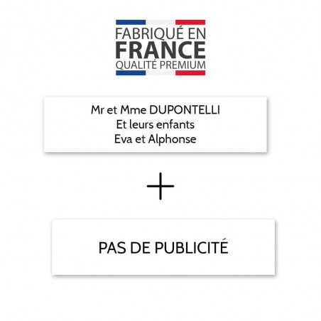 Plaque nom + Plaque Stop Pub pour boite aux lettres format Decayeux (100x25mm) blanche lettres noires - 3 lignes