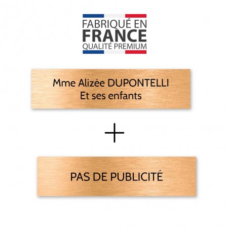 Plaque nom + Plaque Stop Pub pour boite aux lettres format Decayeux (100x25mm) cuivre lettres noires - 2 lignes