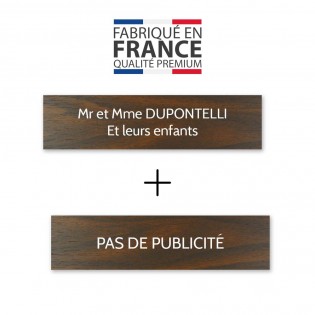 Plaque nom + Plaque Stop Pub pour boite aux lettres format Decayeux (100x25mm) effet bois foncé lettres blanches - 2 lignes