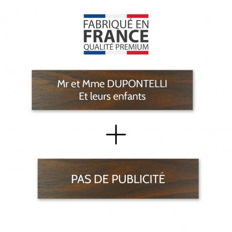 Plaque nom + Plaque Stop Pub pour boite aux lettres format Decayeux (100x25mm) effet bois foncé lettres blanches - 2 lignes