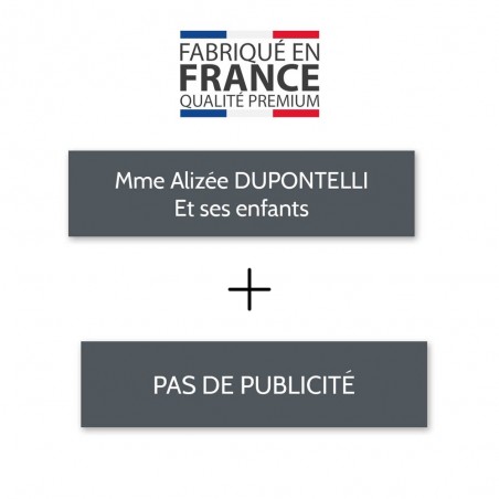 Plaque nom + Plaque Stop Pub pour boite aux lettres format Decayeux (100x25mm) grise lettres blanches - 2 lignes