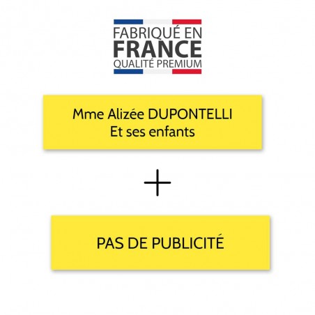 Plaque nom + Plaque Stop Pub pour boite aux lettres format Decayeux (100x25mm) jaune lettres noires - 2 lignes