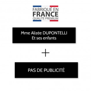 Plaque nom + Plaque Stop Pub pour boite aux lettres format Decayeux (100x25mm) noire lettres blanches - 2 lignes