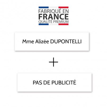 Plaque nom + Plaque Stop Pub pour boite aux lettres format Edelen (99x24mm) blanche lettres noires - 1 ligne