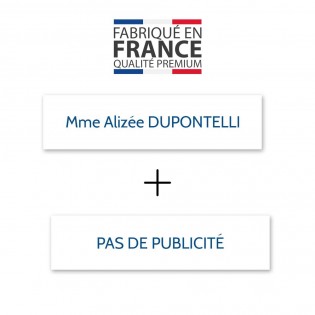 Plaque nom + STOP PUB pour boite aux lettres format Decayeux (100x25mm) blanche lettres bleues - 1 ligne