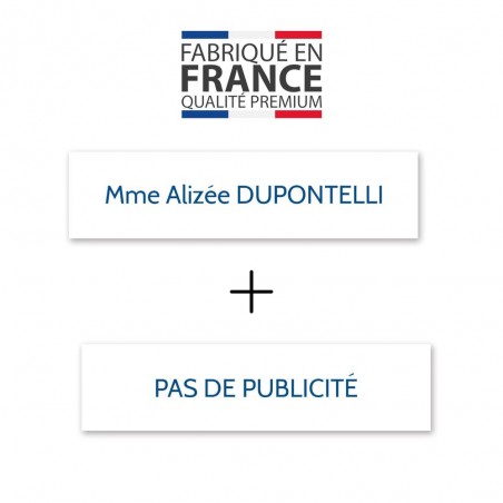 Plaque nom + STOP PUB pour boite aux lettres format Decayeux (100x25mm) blanche lettres bleues - 1 ligne