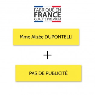 Plaque nom + STOP PUB pour boite aux lettres format Decayeux (100x25mm) jaune lettres noires - 1 ligne