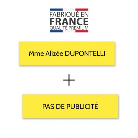 Plaque nom + STOP PUB pour boite aux lettres format Decayeux (100x25mm) jaune lettres noires - 1 ligne