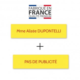 Plaque nom + STOP PUB pour boite aux lettres format Decayeux (100x25mm) Jaune lettres rouges - 1 ligne