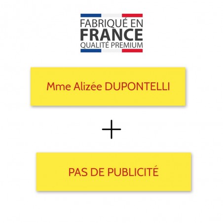 Plaque nom + STOP PUB pour boite aux lettres format Decayeux (100x25mm) Jaune lettres rouges - 1 ligne