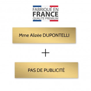 Plaque nom + STOP PUB pour boite aux lettres format Decayeux (100x25mm) or brossé lettres noires - 1 ligne