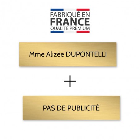 Plaque nom + STOP PUB pour boite aux lettres format Decayeux (100x25mm) or brossé lettres noires - 1 ligne