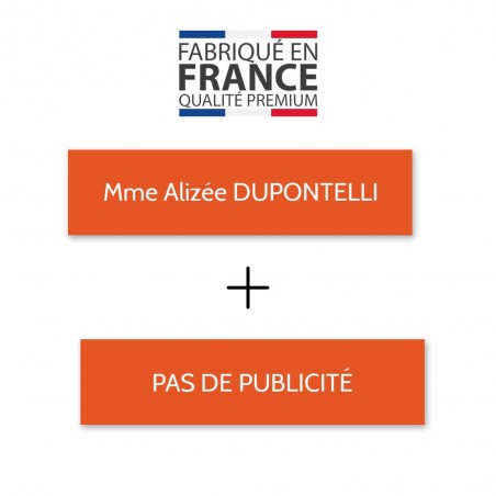 Plaque nom + STOP PUB pour boite aux lettres format Decayeux (100x25mm) orange lettres blanches - 1 ligne