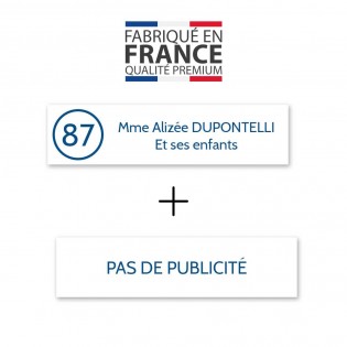 Plaque nom avec numéro + Plaque Stop Pub pour boite aux lettres format Decayeux (100x25mm) blanche lettres bleues - 2 lignes