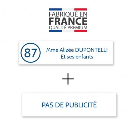 Plaque nom avec numéro + Plaque Stop Pub pour boite aux lettres format Decayeux (100x25mm) blanche lettres bleues - 2 lignes