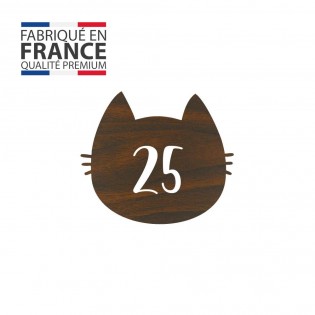 Numéro fantaisie personnalisable pour boite aux lettres couleur effet bois foncé chiffres blancs - Modèle Chat