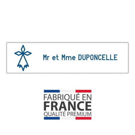 Plaque boite aux lettres format Decayeux HERMINE (100x25mm) blanche lettres bleues - 1 ligne
