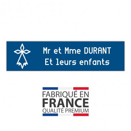 Plaque boite aux lettres format Decayeux HERMINE (100x25mm) bleue lettres blanches - 2 lignes