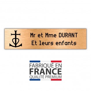 Plaque boite aux lettres format Decayeux CROIX CAMARGUAISE (100x25mm) cuivre lettres noires - 2 lignes