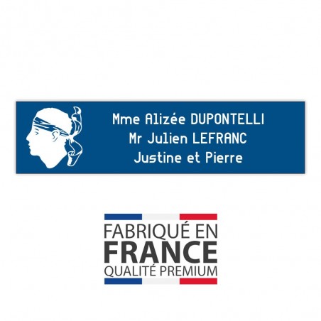 Plaque boite aux lettres format Decayeux CORSE (100x25mm) bleue lettres blanches - 3 lignes