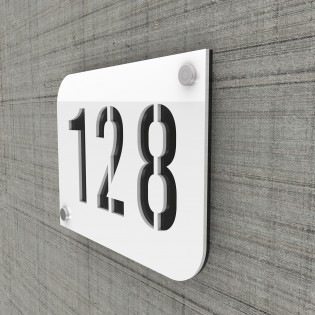 Plaque numéro de rue / maison blanc design avec fond personnalisable - Modèle URBAN