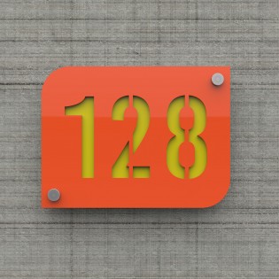 Plaque numéro de rue / maison orange design avec fond personnalisable - Modèle URBAN