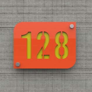 Designer orange street/house number plate with customizable background - URBAN model