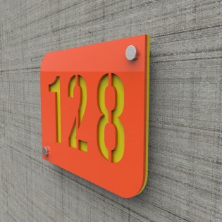 Plaque numéro de rue / maison orange design avec fond personnalisable - Modèle URBAN