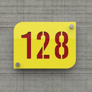 Plaque numéro de rue / maison jaune design avec fond personnalisable - Modèle URBAN
