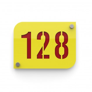 Plaque numéro de rue / maison jaune design avec fond personnalisable - Modèle URBAN