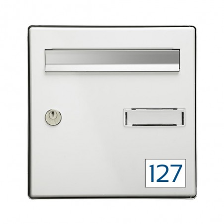 Numéro pour boite aux lettres personnalisable rectangle format médium (70x50mm) blanc chiffres bleus