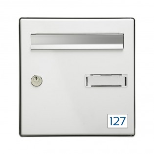 Numéro pour boite aux lettres personnalisable rectangle petit format (50x35mm) blanc chiffres bleus
