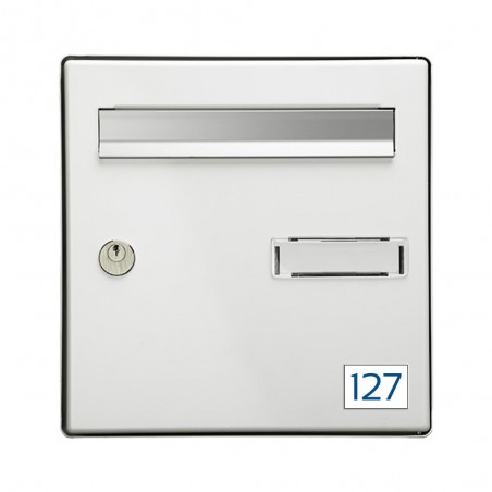 Numéro pour boite aux lettres personnalisable rectangle petit format (50x35mm) blanc chiffres bleus