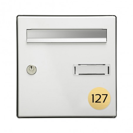 Numéro pour boite aux lettres personnalisable format rond diamètre 60 mm couleur or brossé chiffres noirs