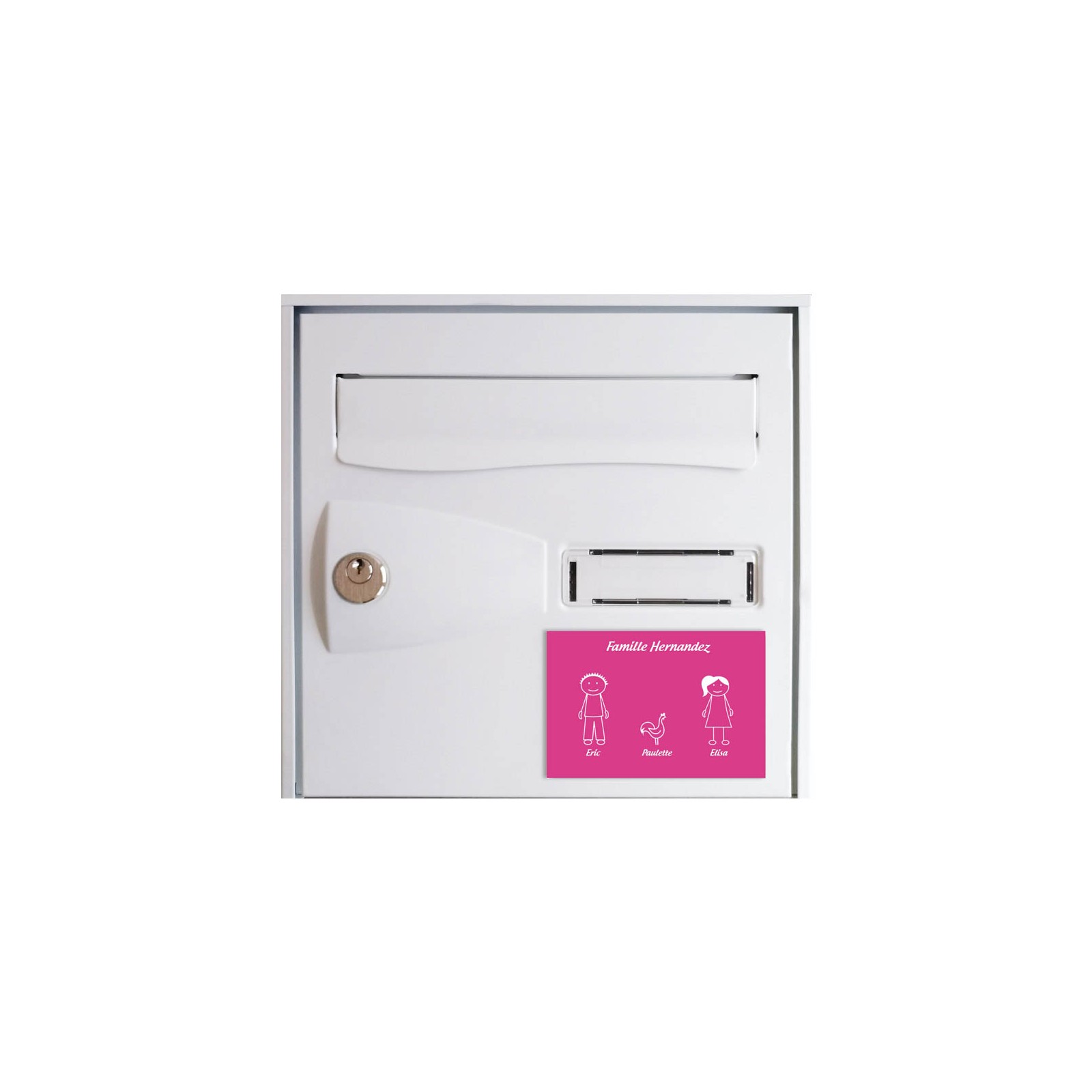 Plaque de maison Family personnalisée avec 3 membres pour boite aux lettres - Format 12x8 cm - Couleur Rose / blanc