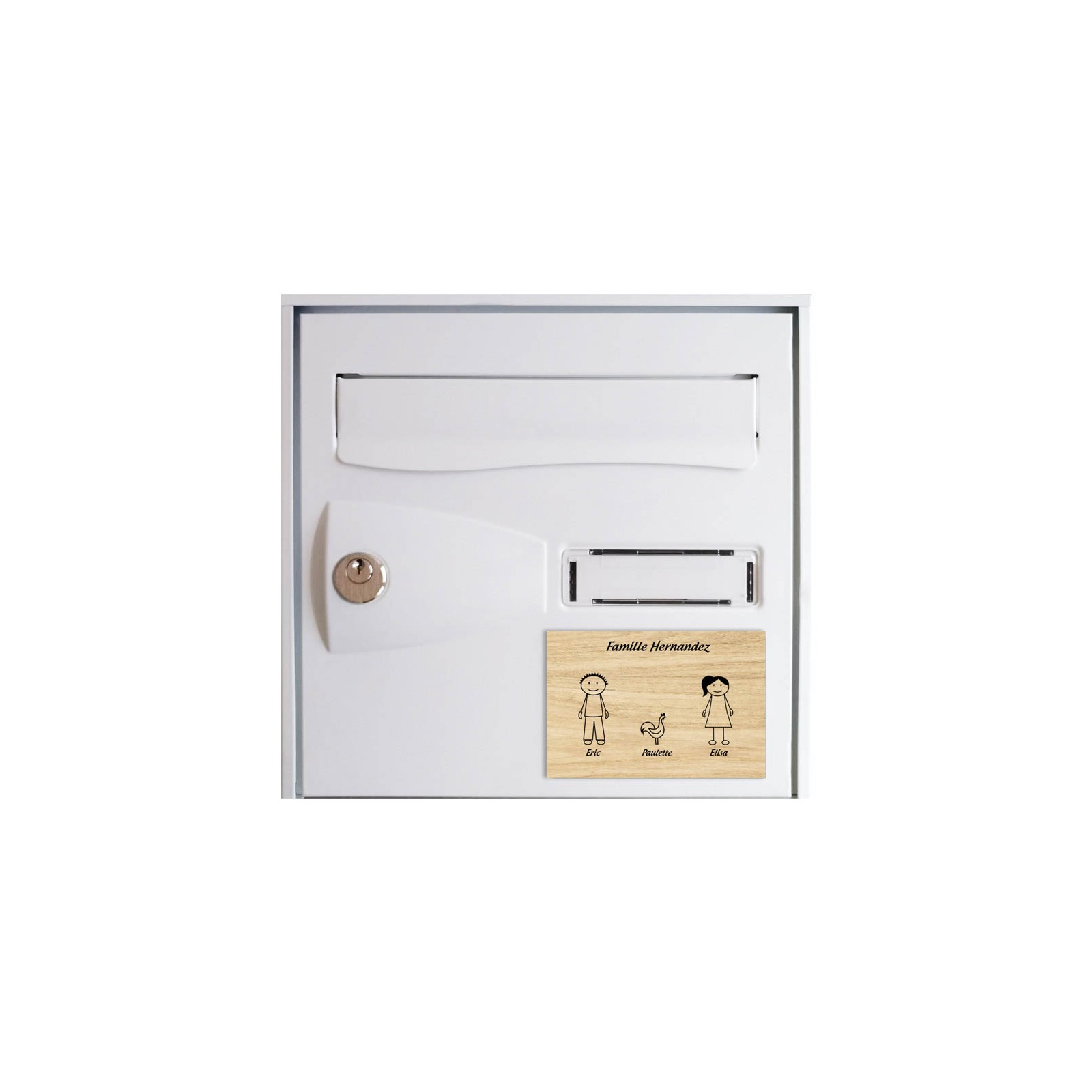 Plaque de maison Family personnalisée avec 3 membres pour boite aux lettres - Format 12x8 cm - Effet bois clair