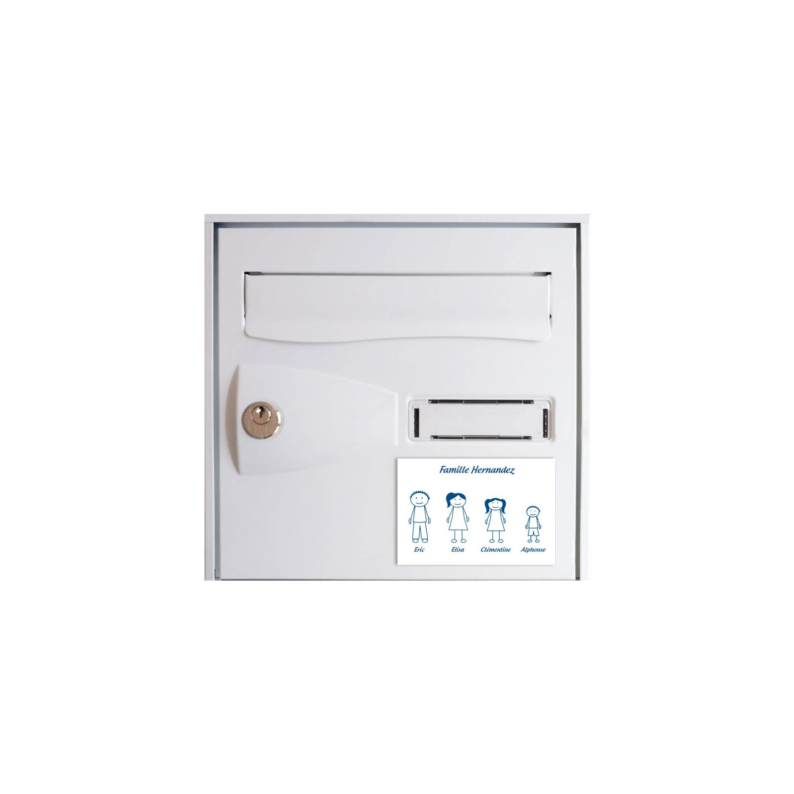 Plaque de maison Family personnalisée avec 4 membres pour boite aux lettres - Format 12x8 cm - Couleur blanche / bleue