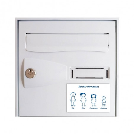 Plaque de maison Family personnalisée avec 4 membres pour boite aux lettres - Format 12x8 cm - Couleur blanche / bleue