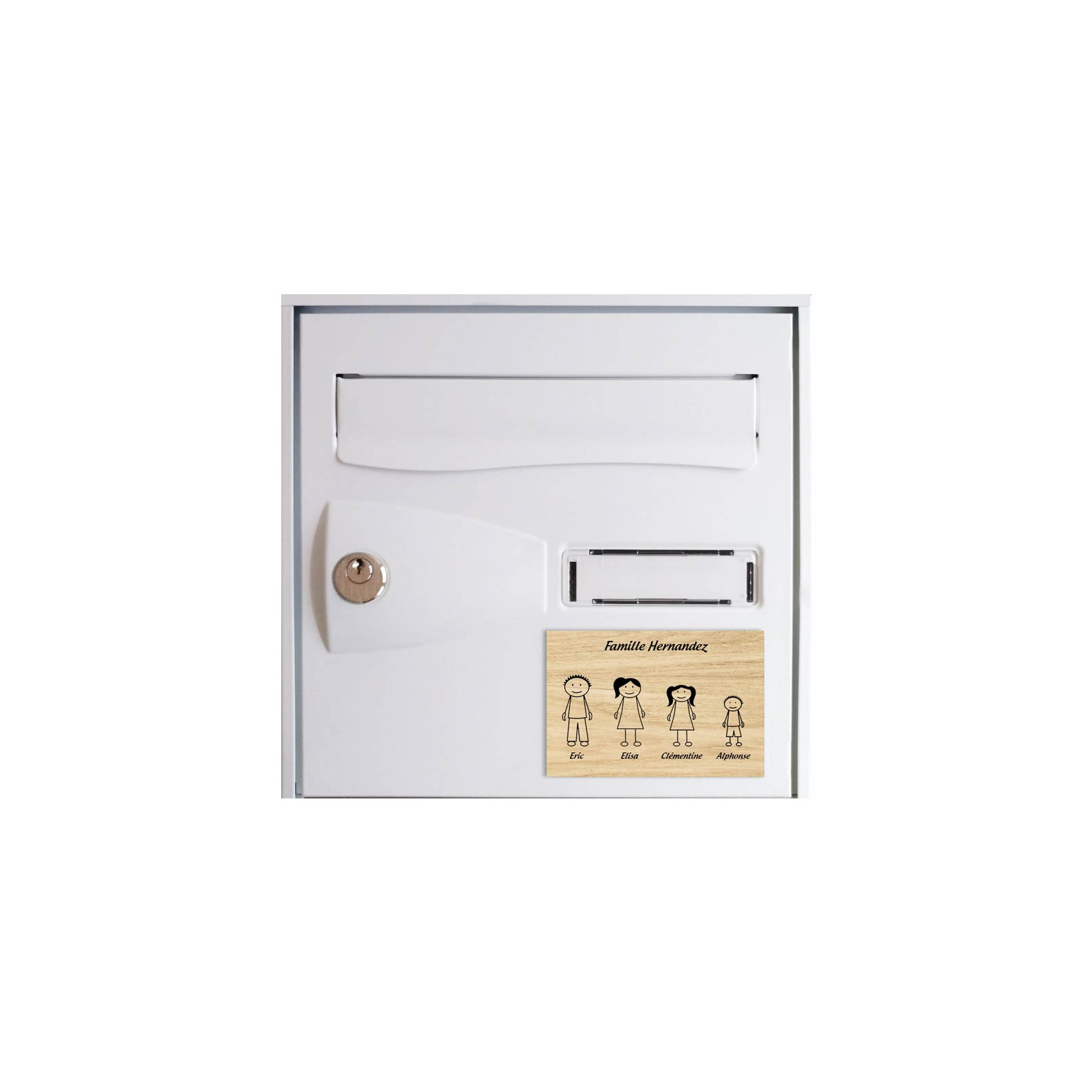 Plaque de maison Family personnalisée avec 4 membres pour boite aux lettres - Format 12x8 cm - Effet bois clair
