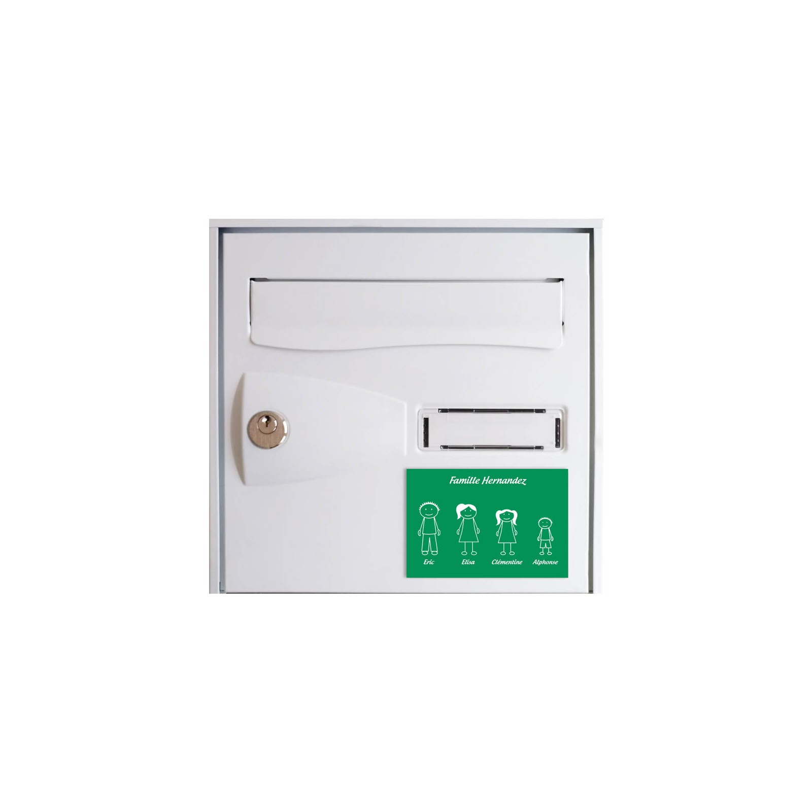 Plaque de maison Family personnalisée avec 4 membres pour boite aux lettres - Format 12x8 cm - Couleur vert clair