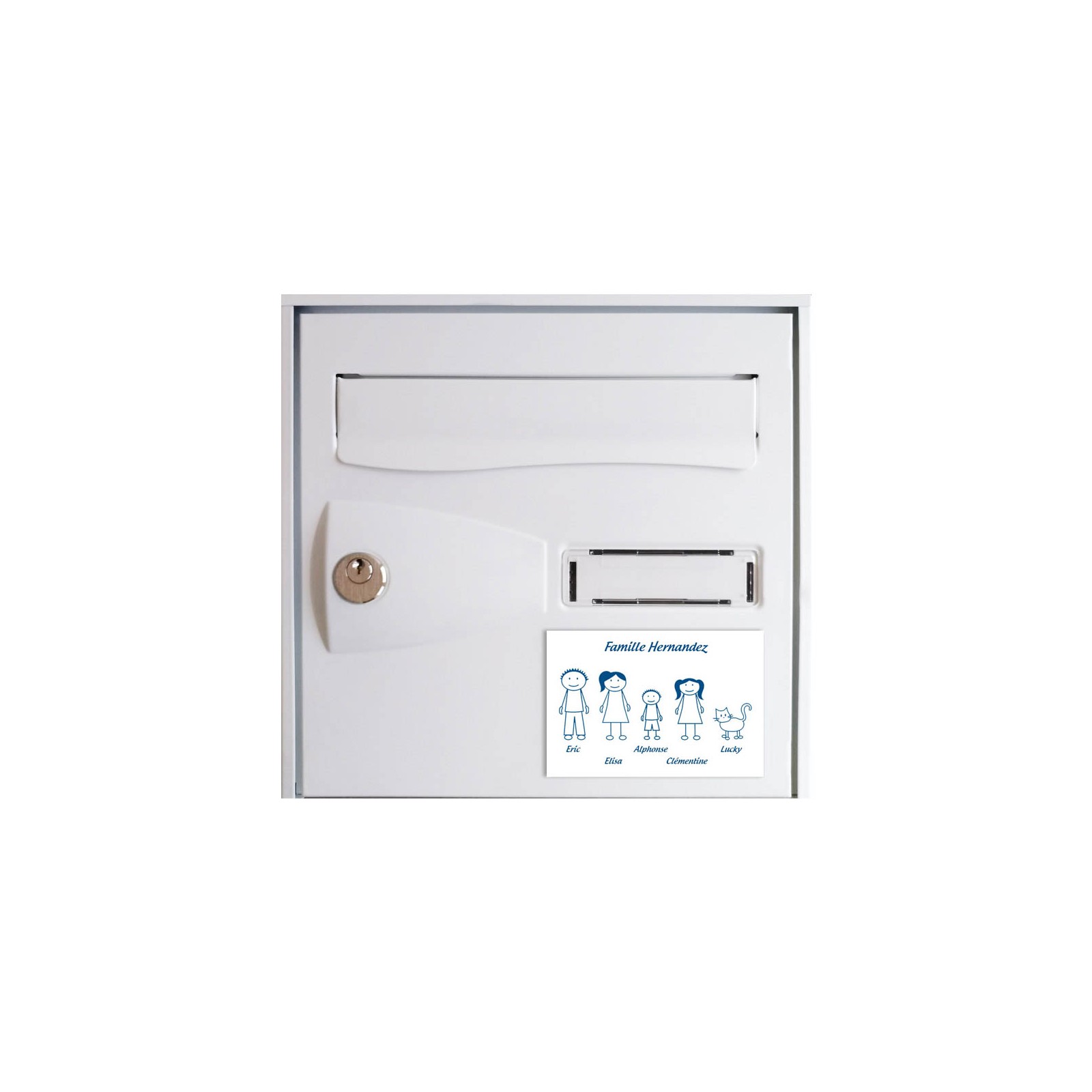 Plaque de maison Family personnalisée avec 5 membres pour boite aux lettres - Format 12x8 cm - Couleur blanche / bleue