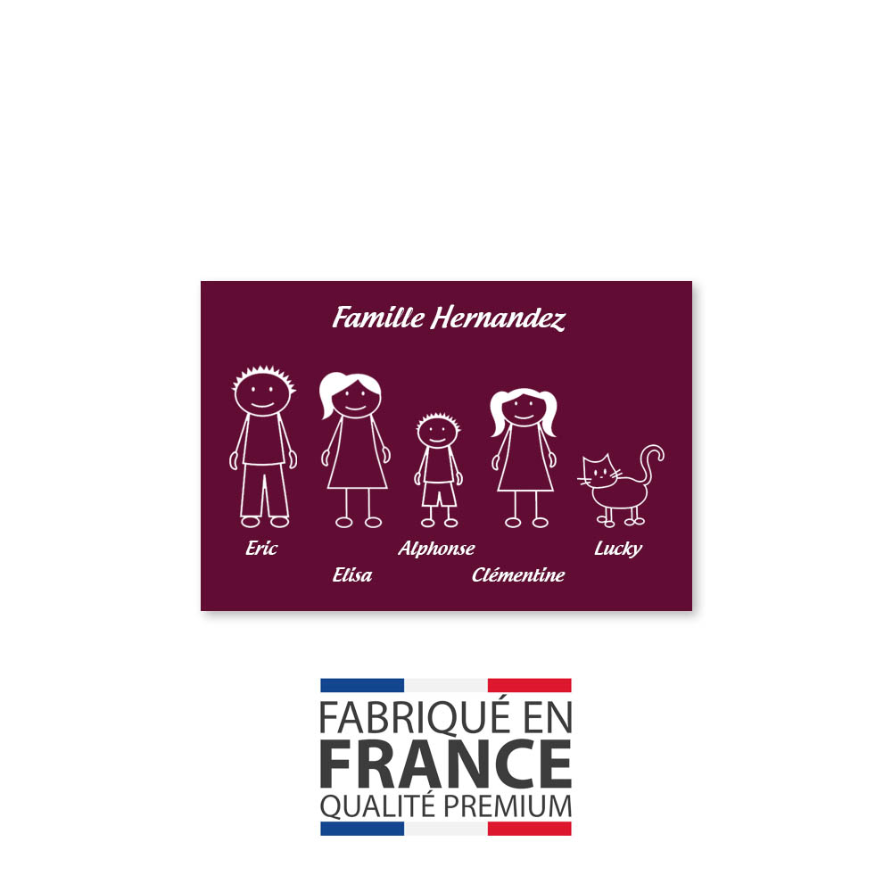 Plaque de maison Family personnalisée avec 5 membres pour boite aux lettres - Format 12x8 cm - Couleur bordeaux