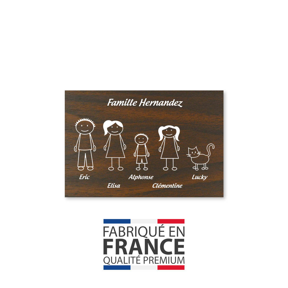 Plaque de maison Family personnalisée avec 5 membres pour boite aux lettres - Format 12x8 cm - Effet bois foncé