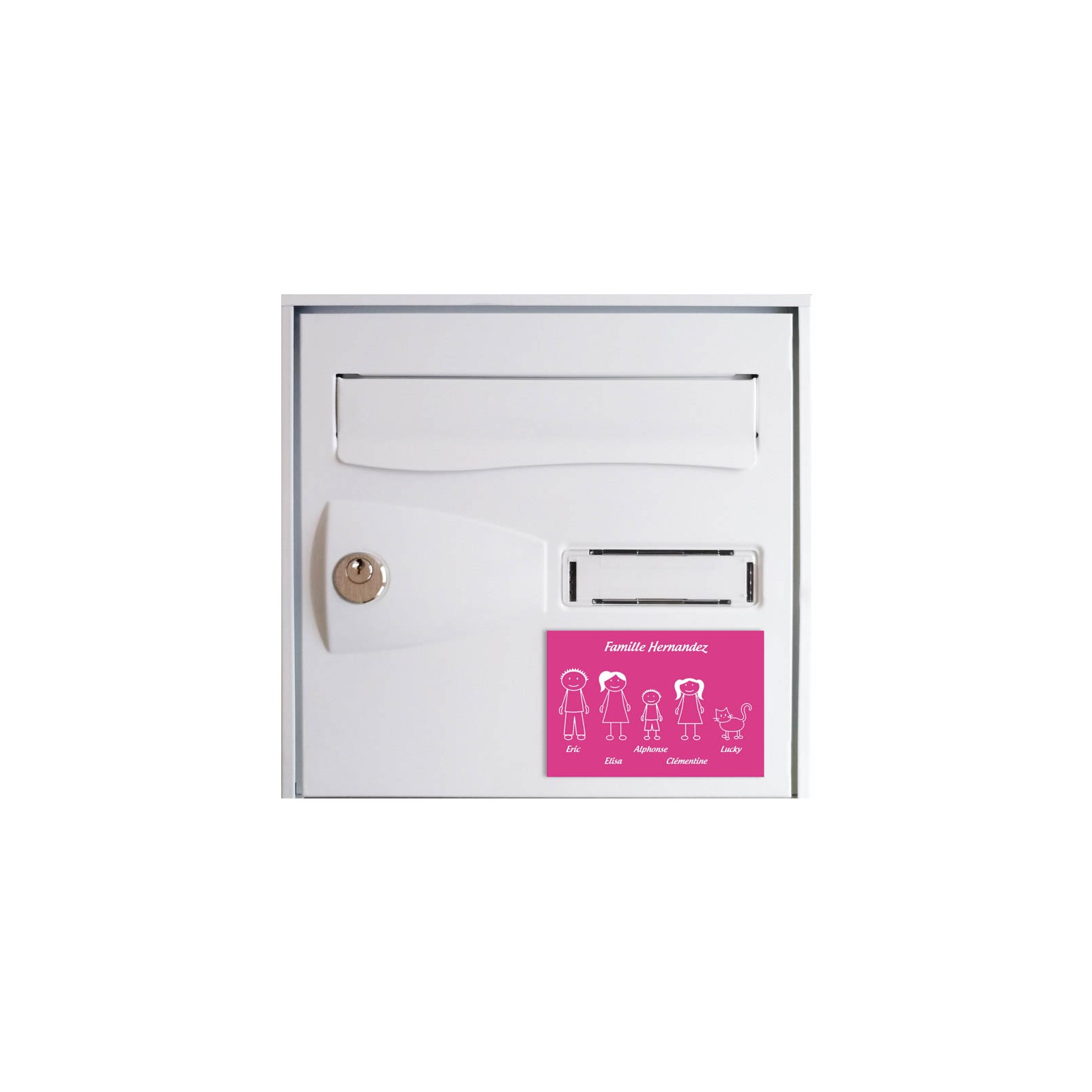 Plaque de maison Family personnalisée avec 5 membres pour boite aux lettres - Format 12x8 cm - Couleur Rose / blanc