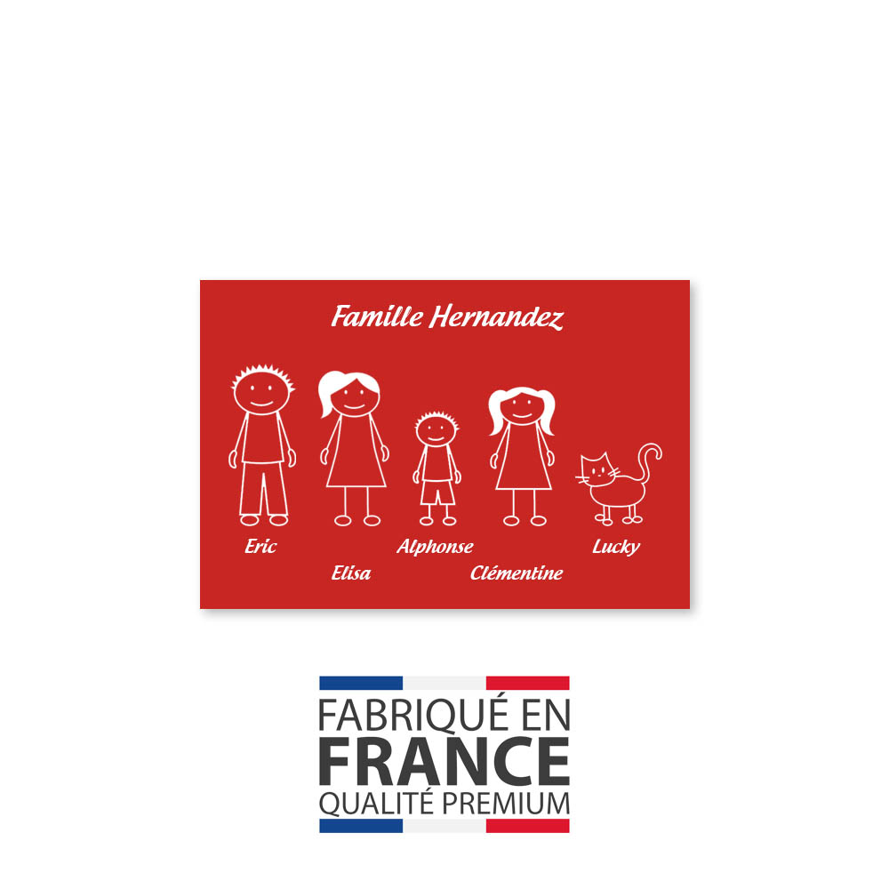 Plaque de maison Family personnalisée avec 5 membres pour boite aux lettres - Format 12x8 cm - Couleur rouge / blanc