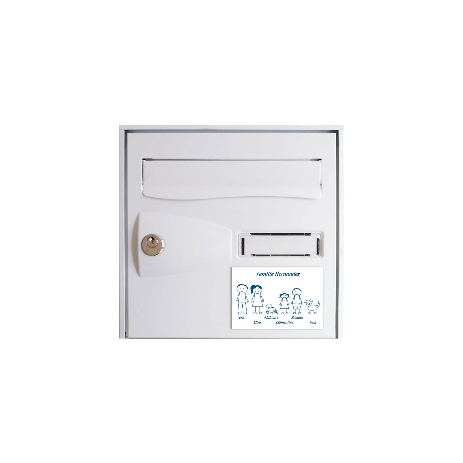 Plaque de maison Family personnalisée avec 6 membres pour boite aux lettres - Format 12x8 cm - Couleur blanche / bleue