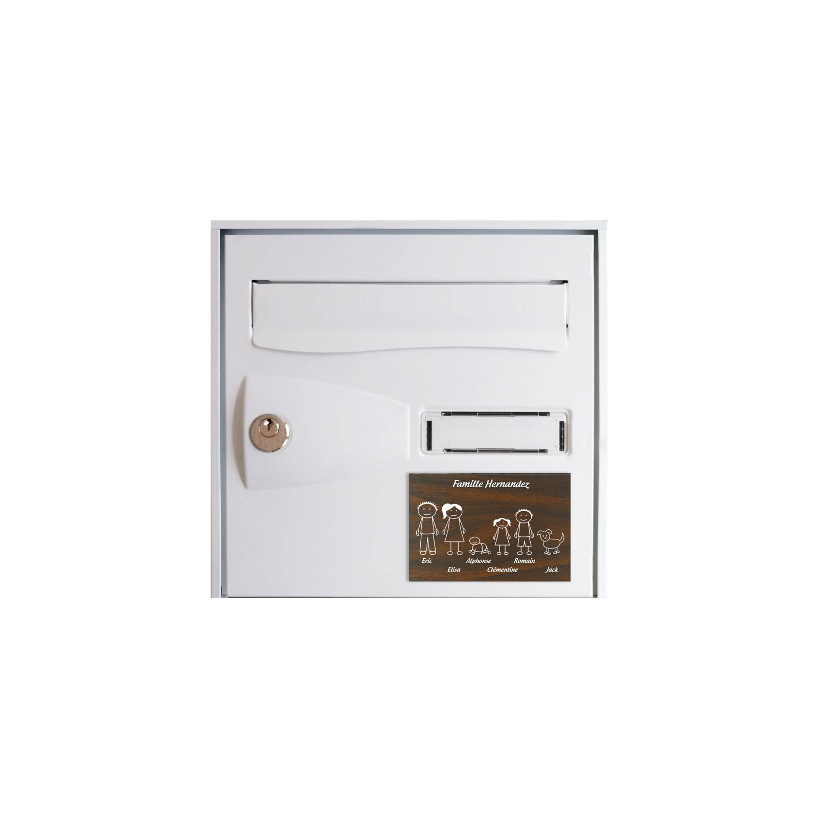 Plaque de maison Family personnalisée avec 6 membres pour boite aux lettres - Format 12x8 cm - Effet bois foncé