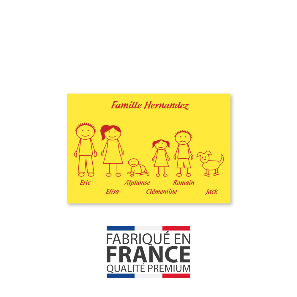 Plaque de maison Family personnalisée avec 6 membres pour boite aux lettres - Format 12x8 cm - Couleur jaune / rouge