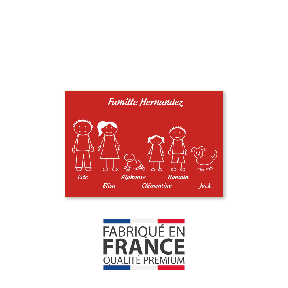 Plaque de maison Family personnalisée avec 6 membres pour boite aux lettres - Format 12x8 cm - Couleur rouge / blanc