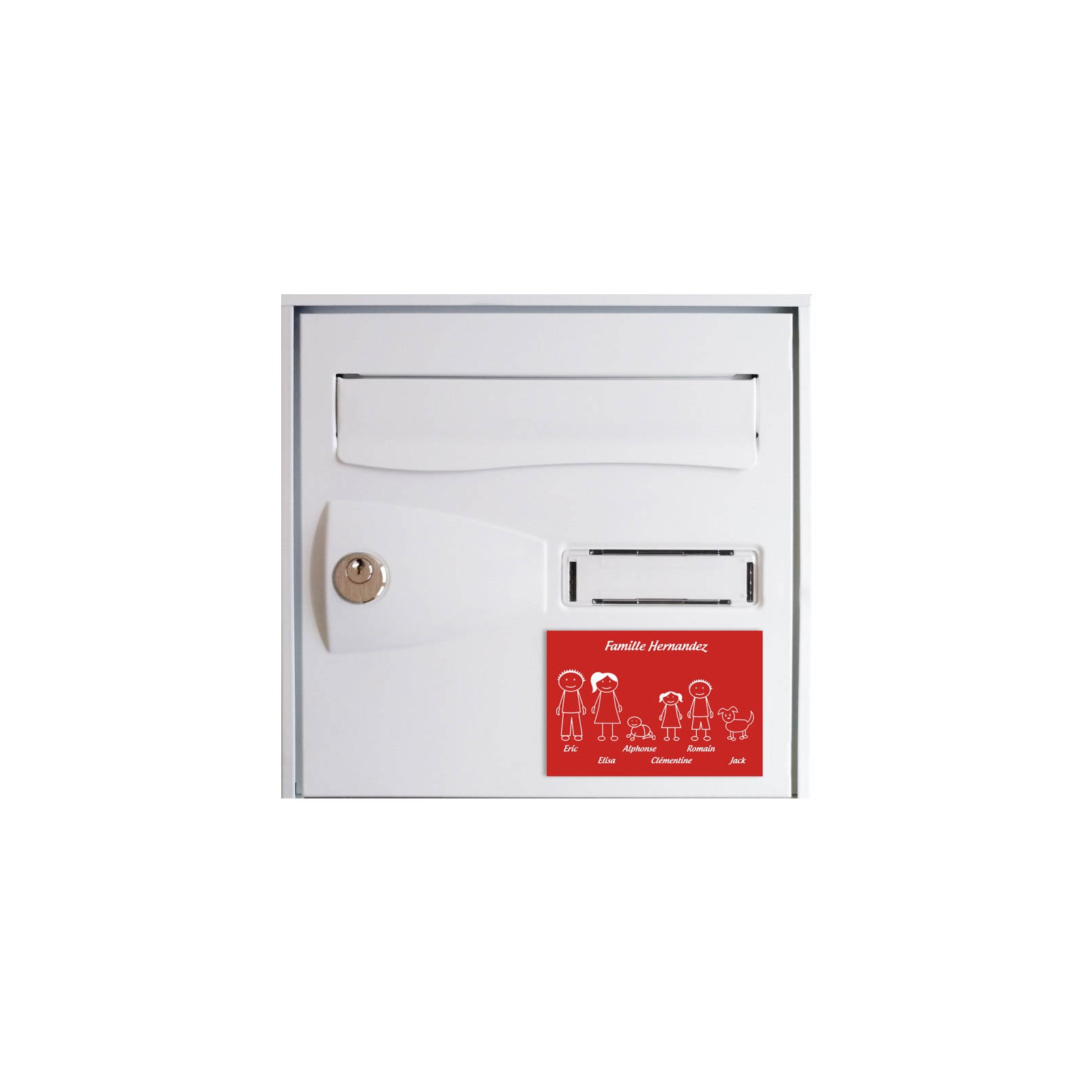 Plaque de maison Family personnalisée avec 6 membres pour boite aux lettres - Format 12x8 cm - Couleur rouge / blanc